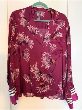 by Anthropologie Floral Button-Front Satin Pajama Too Blouse - Wine Pink